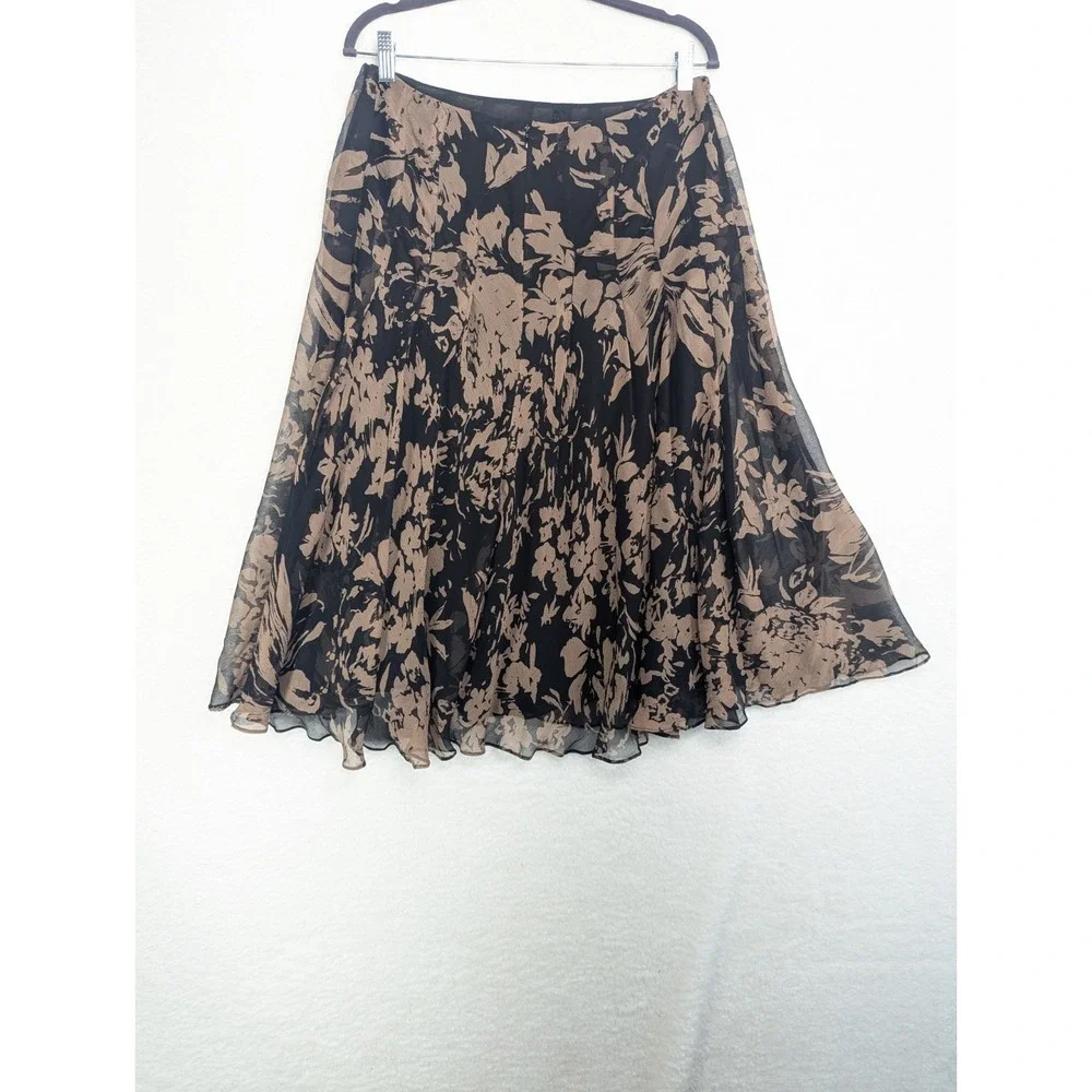 Women's Black And Brown 100%‎ Linen Floral Midi Skirt 10